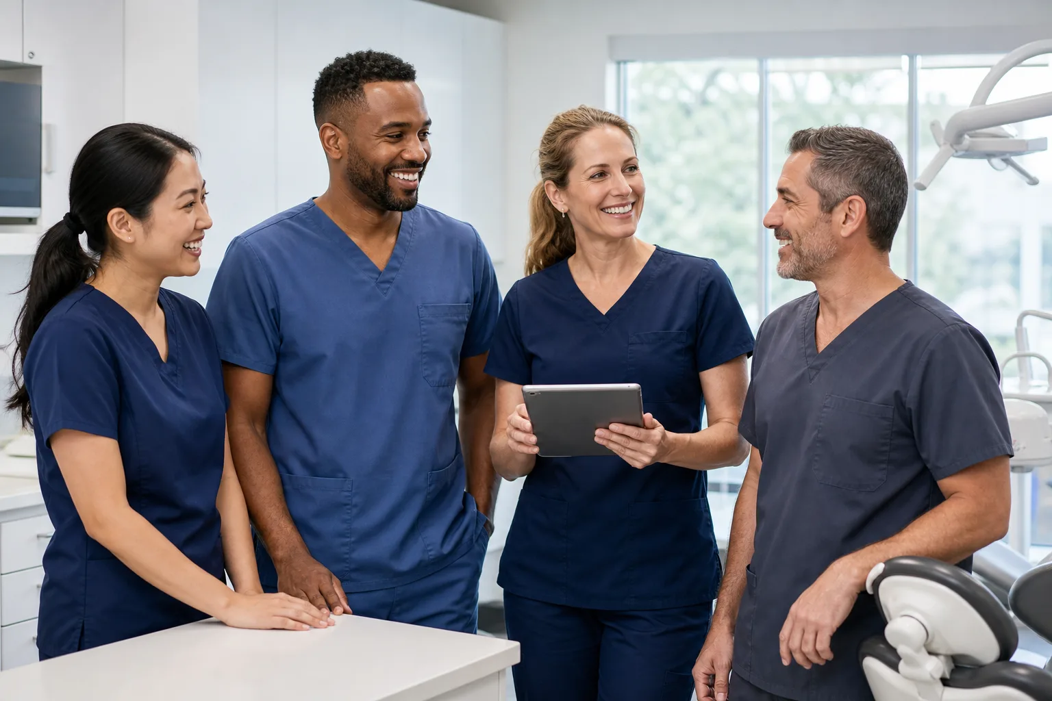 Dental team at Dentists R Us collaborating in a modern office